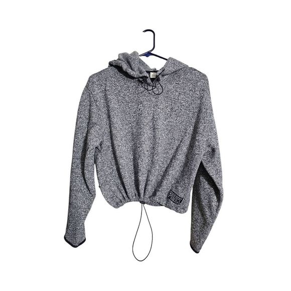PINK Victoria Secret Cropped Grey Black Hoodie Drawstring Medium EUC - Picture 3 of 5